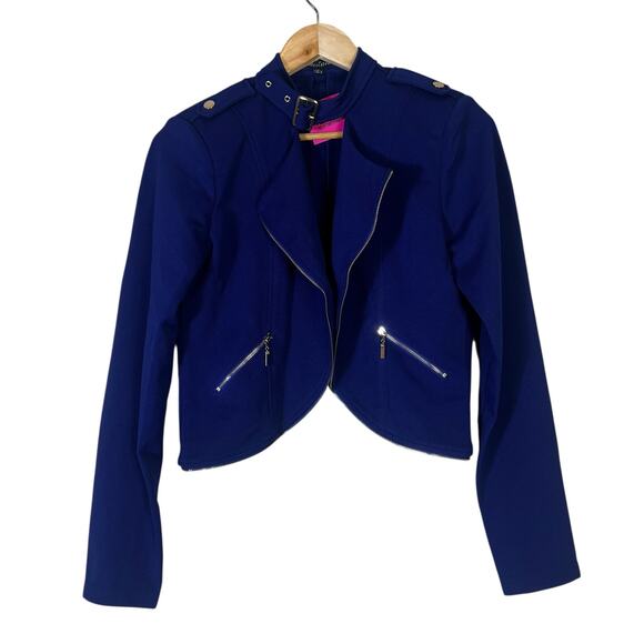 NWT Chocolate USA Cropped Jacket Womens L Navy Open Front Cutout Choker Moto - Picture 4 of 8